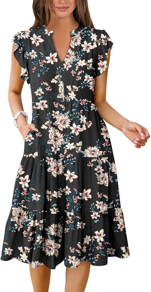ANRABESS Womens Summer Ruffle Sleeve V Neck Midi Dress 2024 Fashion Casual Fit Flowy Tiered Boho ... | Amazon (US)