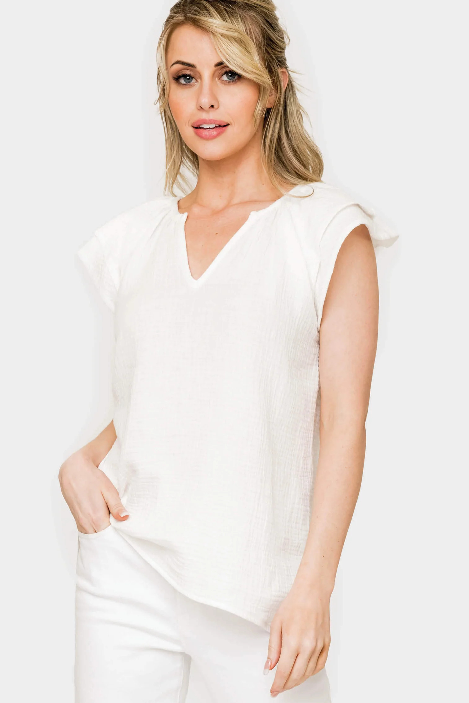 Seaside Flutter Sleeve V-Neck Gauze Top | Gibson