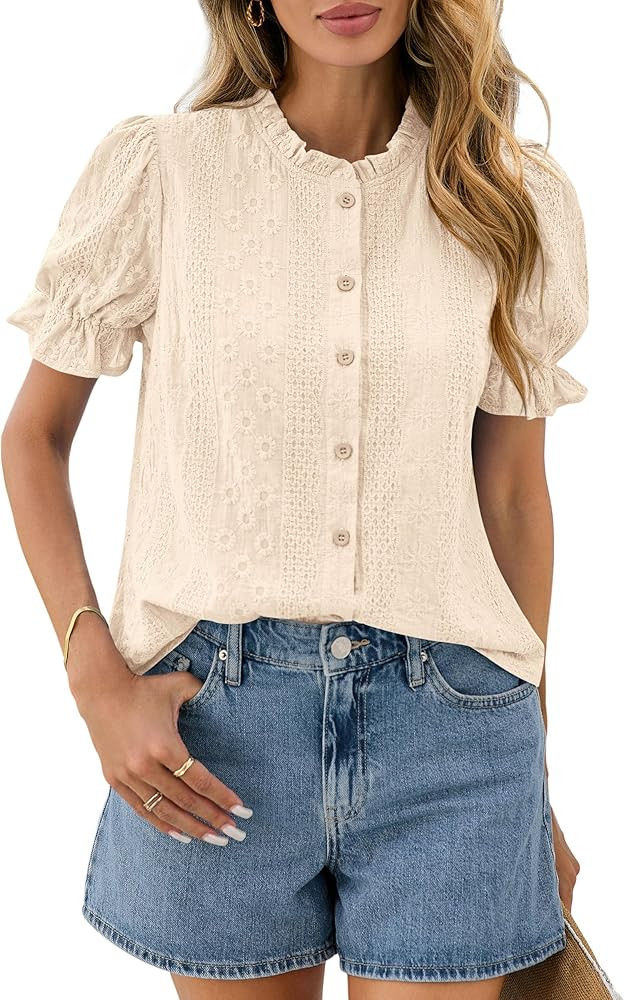 PRETTYGARDEN Womens Puff Short Sleeve Tops 2026 Summer Spring Button Down Boho Embroidered Cute B... | Amazon (US)