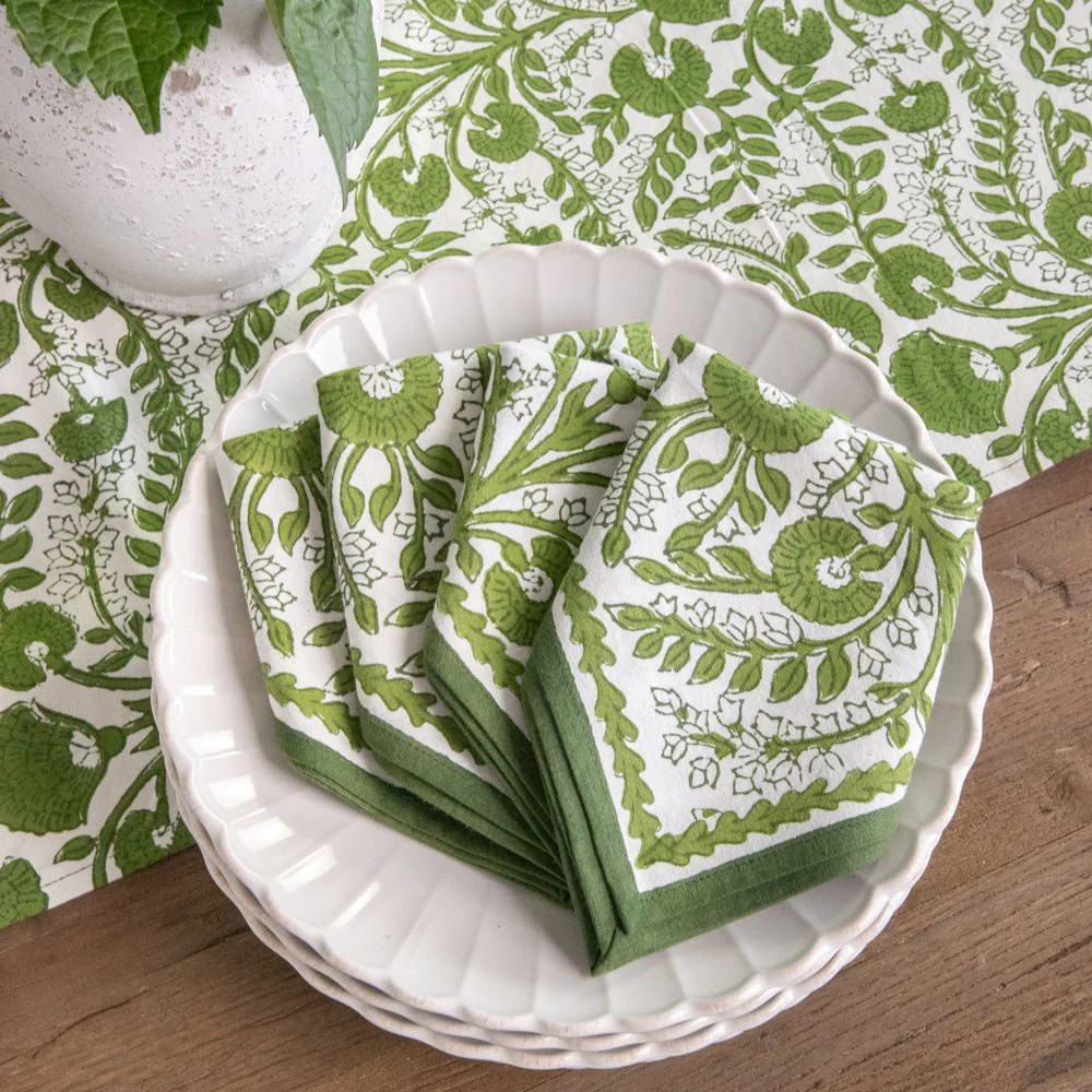 Cactus Flower Green Hand Block Printed Floral Napkins | Pomegranate