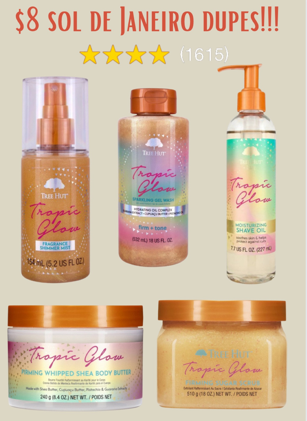 These are the viral lookalike/smellalike for everyone’s favorite and more expensive Sol De Janeiro body butters and perfumes!! THEY ARE SO GOOD- and are toning and firming!! I use the firming sugar scrub, shave gel, firming body wash (which is new!!), firming body butter, and just got in their brand new sparkly scented body spray and cannot wait!! THEY ARE ONLY $7.99 today and SO SO SO GOOD!!! I have more amazing scents too but these are the firming ones and I LOVE!!! 

#LTKsalealert #LTKxTarget #LTKbeauty