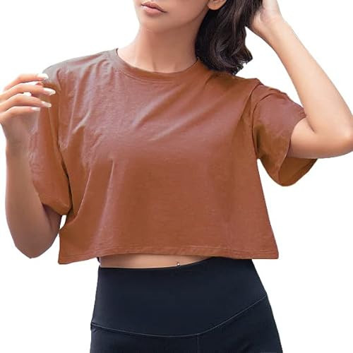 Artfish Women Short Sleeve Crewneck Comfy Loose Crop Top Teen T-Shirt Workout Mocha Coffee, S | Amazon (US)