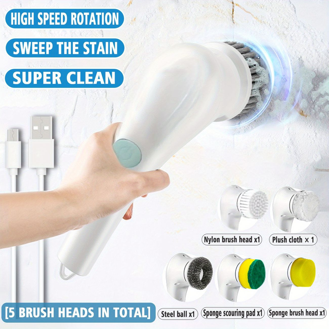 Electric Spin Scrubber, Cordless Handheld Cleaning Brush With 5 Replaceable Brush Heads, USB Rech... | Temu Affiliate Program