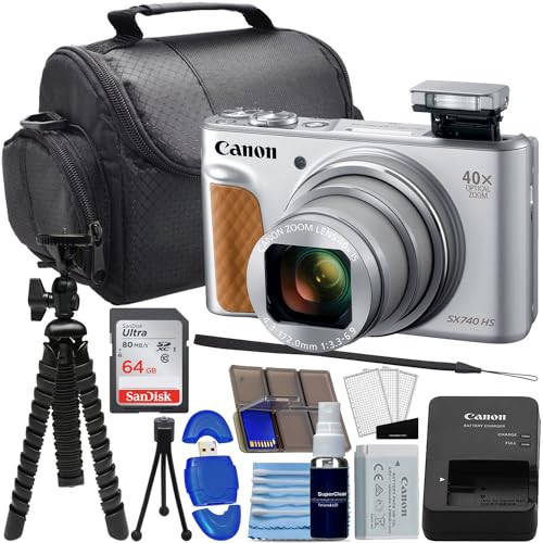 Canon PowerShot SX740 HS Digital Camera (Silver) Bundle with SanDisk 64GB Memory Card, 12"" Flex Tripod, High Speed Card Reader + Photo Kit (20 Items), Black (Renewed) | Amazon (US)