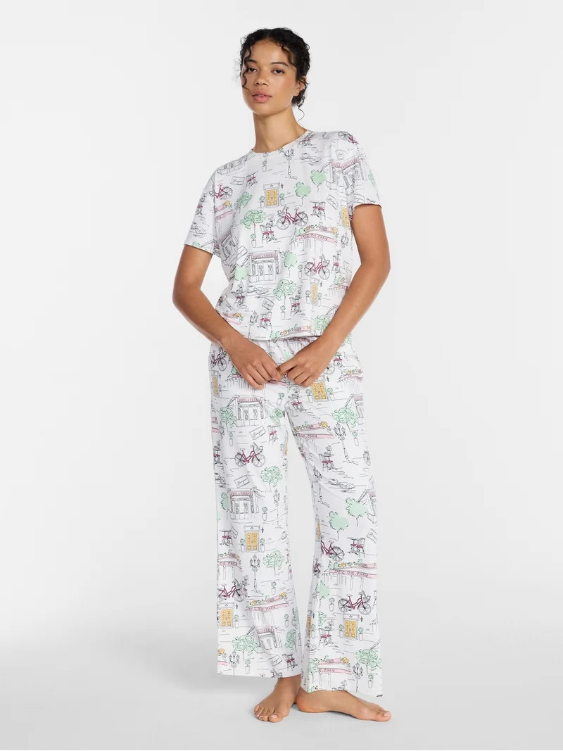Joyspun Women's Dreamy Soft Collection Short Sleeve Sleep Top and Open Leg Pants Pajama Set, 2-Pi... | Walmart (US)