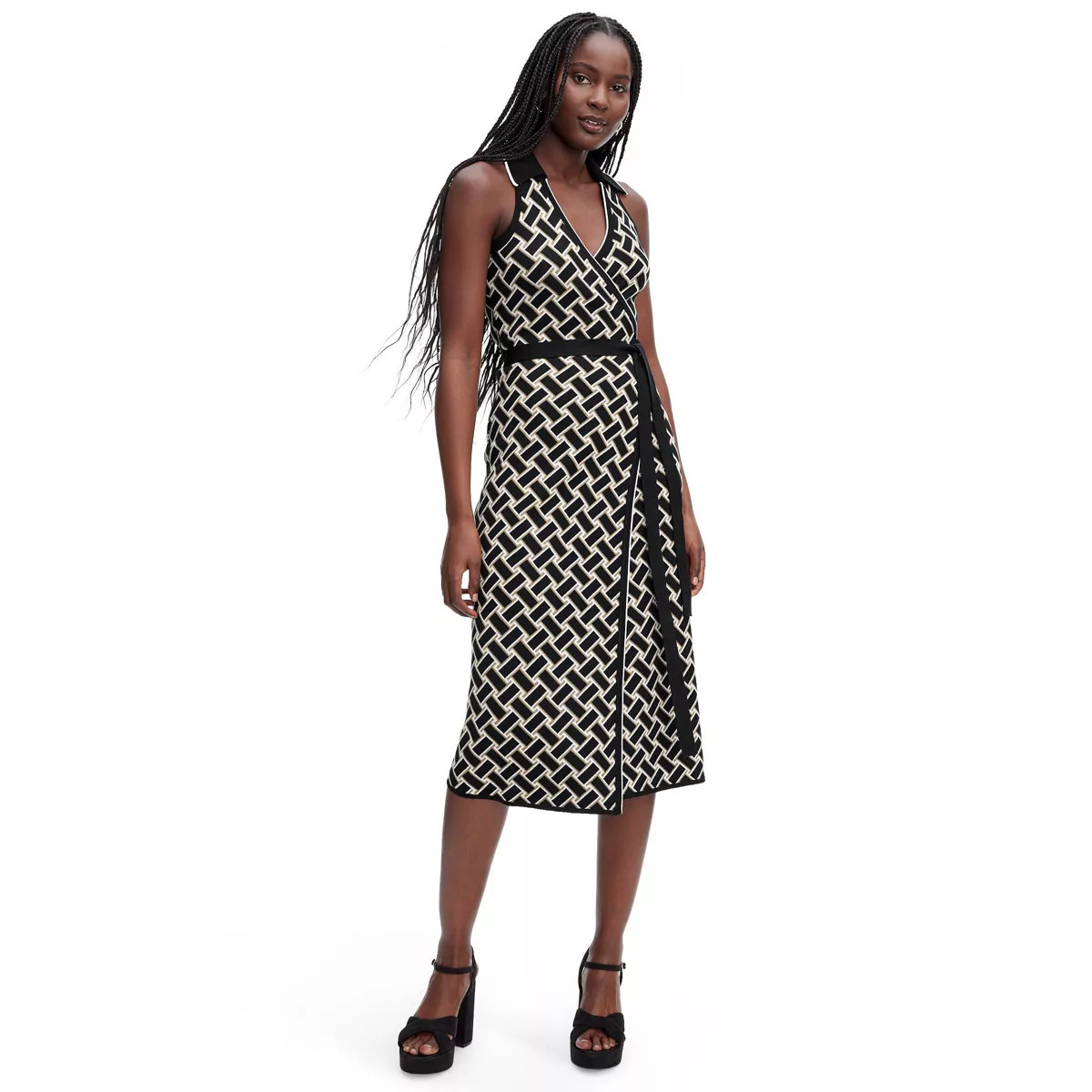 Women's Collared Sleeveless Vintage Weave Neutral Sweaterknit Midi Wrap Dress - DVF for Target | Target