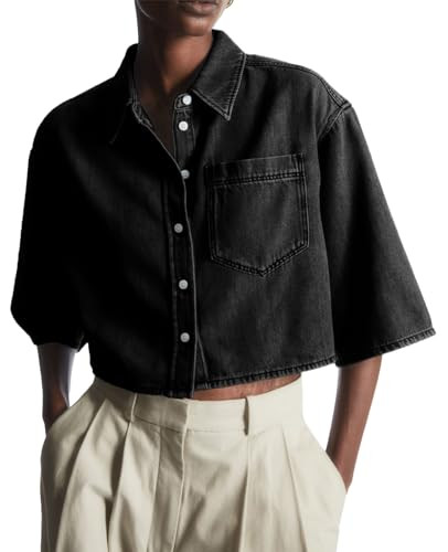 Tankaneo Womens Crop Denim Shirt Half Sleeve Button Down Short Jean Jacket with Pocket | Amazon (US)