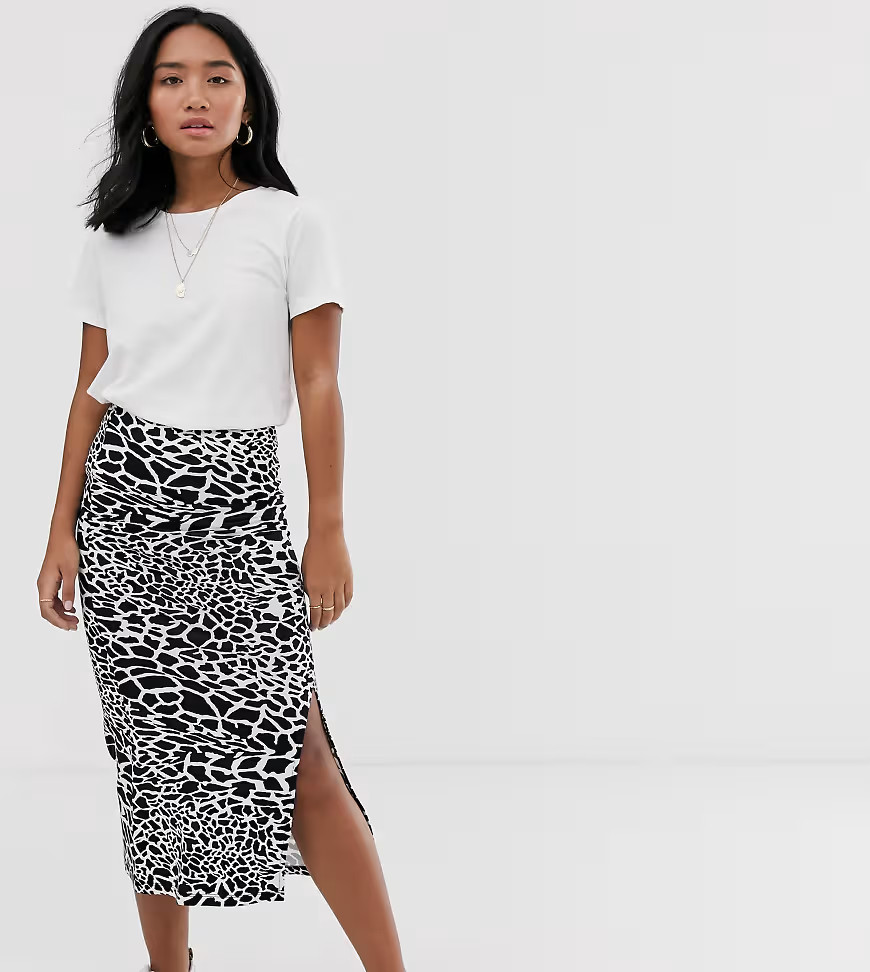 ASOS DESIGN Petite jersey midi skirt with split in mono animal-Multi | ASOS (Global)