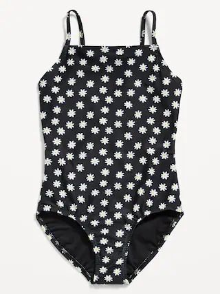 Printed Square-Neck Lattice-Back One-Piece Swimsuit for Girls | Old Navy (US)