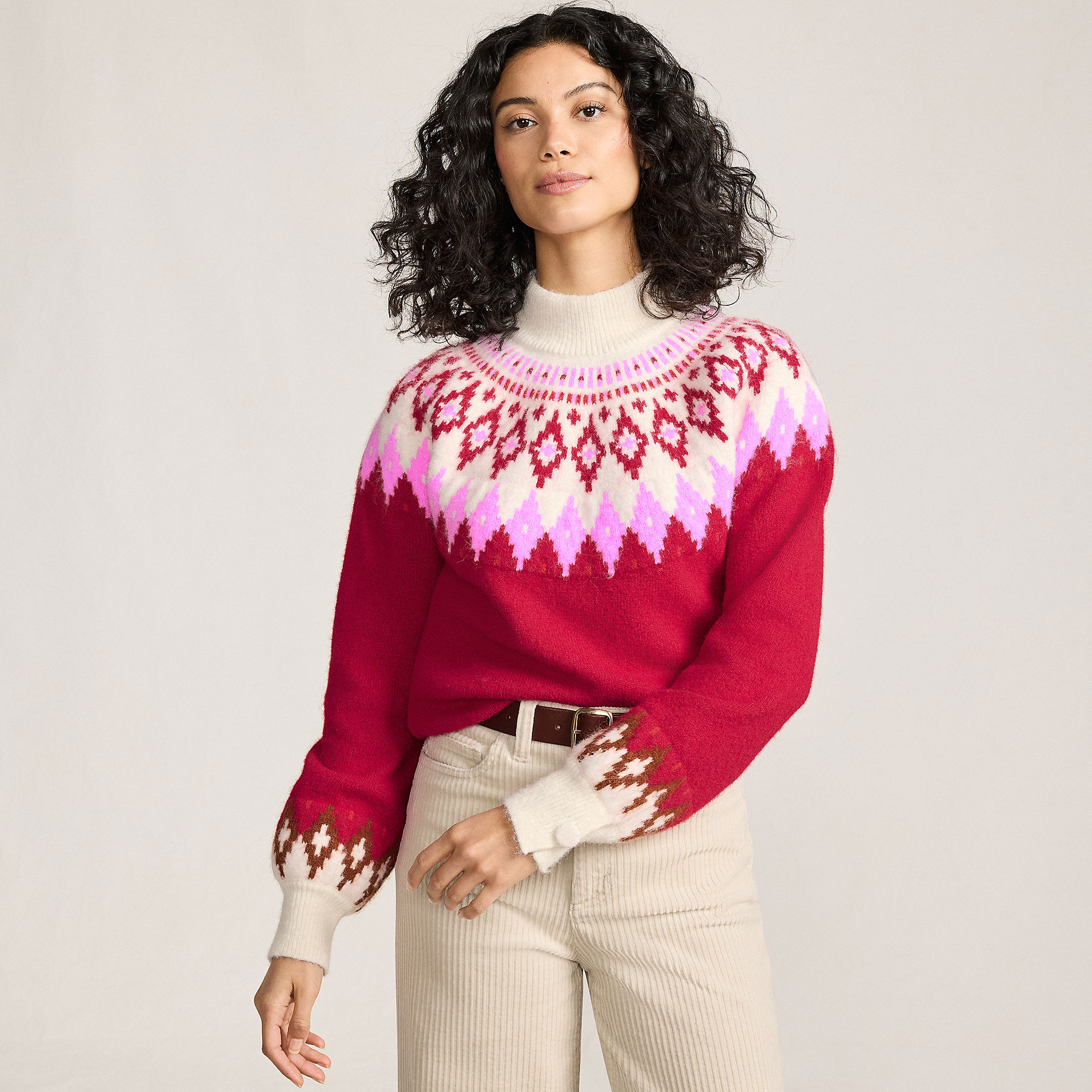 Women's Fuzzy Turtleneck Lantern Sleeve Jacquard Sweater | Lands' End (US)