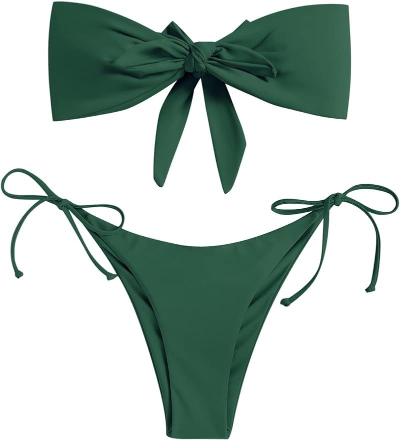 ZAFUL Women's Floral Print Bandeau Bikini Set High Cut Strapless Knot Front Swimsuit Sexy Bathing... | Amazon (US)