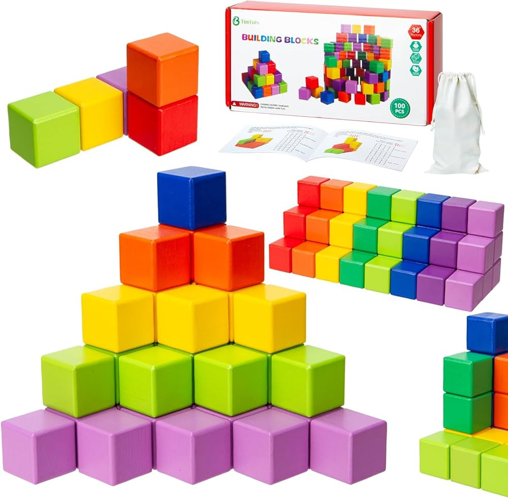 100PCS Wooden Building Blocks Stacking Game - 1 inch Rainbow Counting Blocks for Kids - Preschool... | Amazon (US)