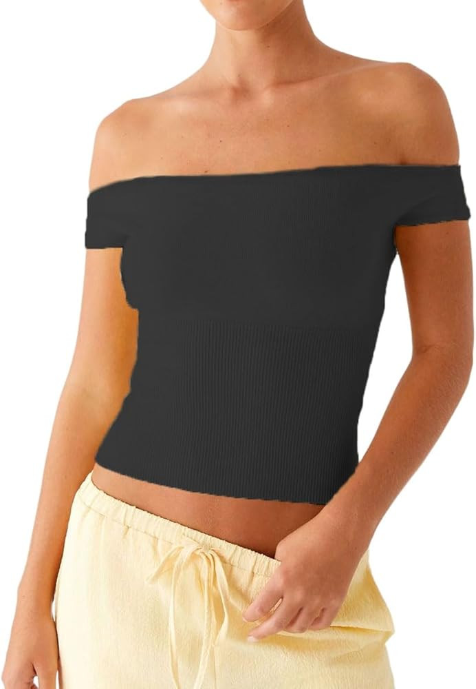 LOFAAC Women Sexy Off The Shoulder Ribbed Knit Crop Top Casual Tight Fitted Short Sleeve Backless... | Amazon (US)