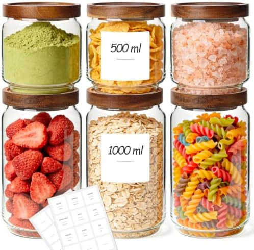 ComSaf 6 Pack Round Glass Storage Jars with Wooden Lids — 3×1L + 3×500ml Mixed Stackable Kitc... | Amazon (UK)