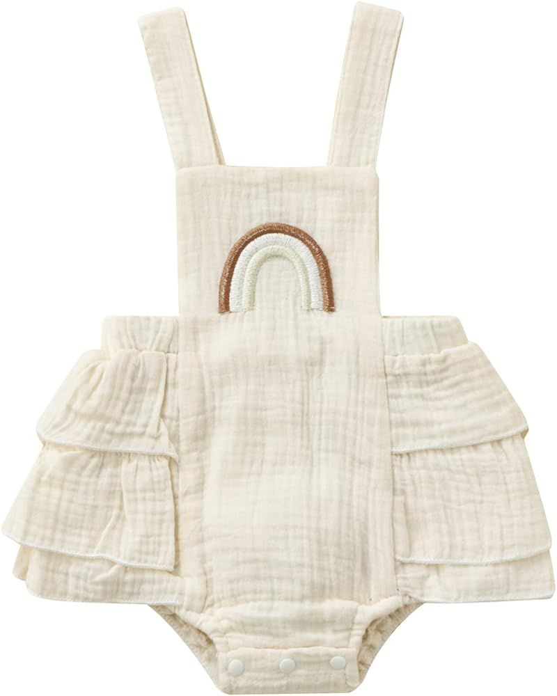 Newborn Toddler Baby Girl Tutu Romper Cotton Linen Sleeveless Backless Rainbow One Piece Bodysuit... | Amazon (US)