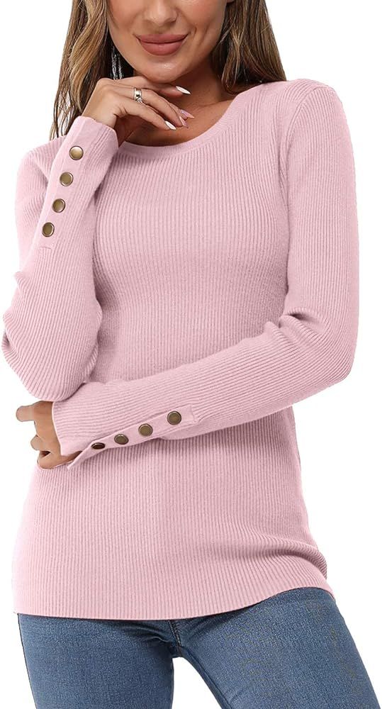 Newshows Women's Solid Long Sleeve Knit Crew Neck Button Stretch Casual Pullover Sweater | Amazon (US)