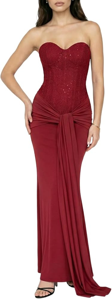 Womens Sexy Strapless Bodycon Corset Maxi Dress Sparkly Sequin Tie Waist Elegant Long Wedding Gue... | Amazon (US)