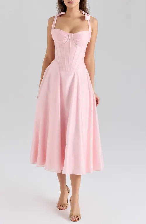 HOUSE OF CB Leia Tie Strap Corset Midi Dress in Pink at Nordstrom, Size Large | Nordstrom