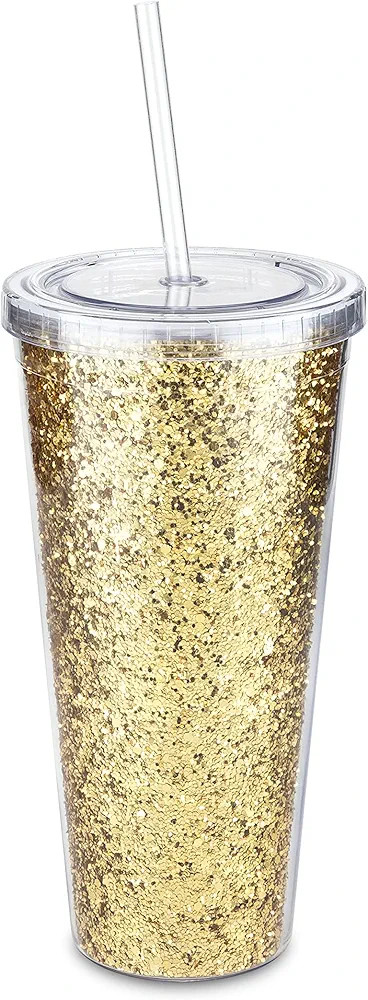 Blush Glam Double Walled Glitter Tumbler, Plastic Tumblers with Lids and Straws, Iced Coffee Cups... | Amazon (US)