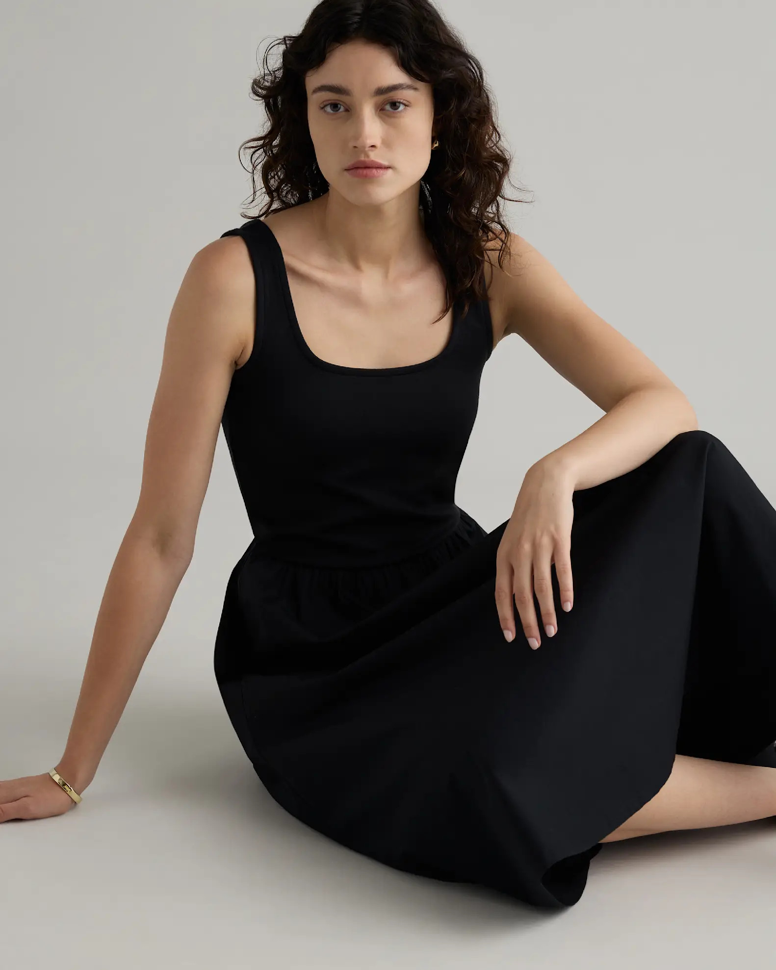 Cotton Mixed Media Tank Dress in Black | Quince