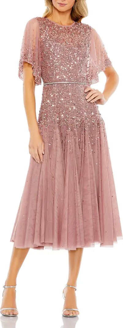 Sequin & Crystal Embellished Ruffle Sleeve Midi Cocktail Dress | Nordstrom