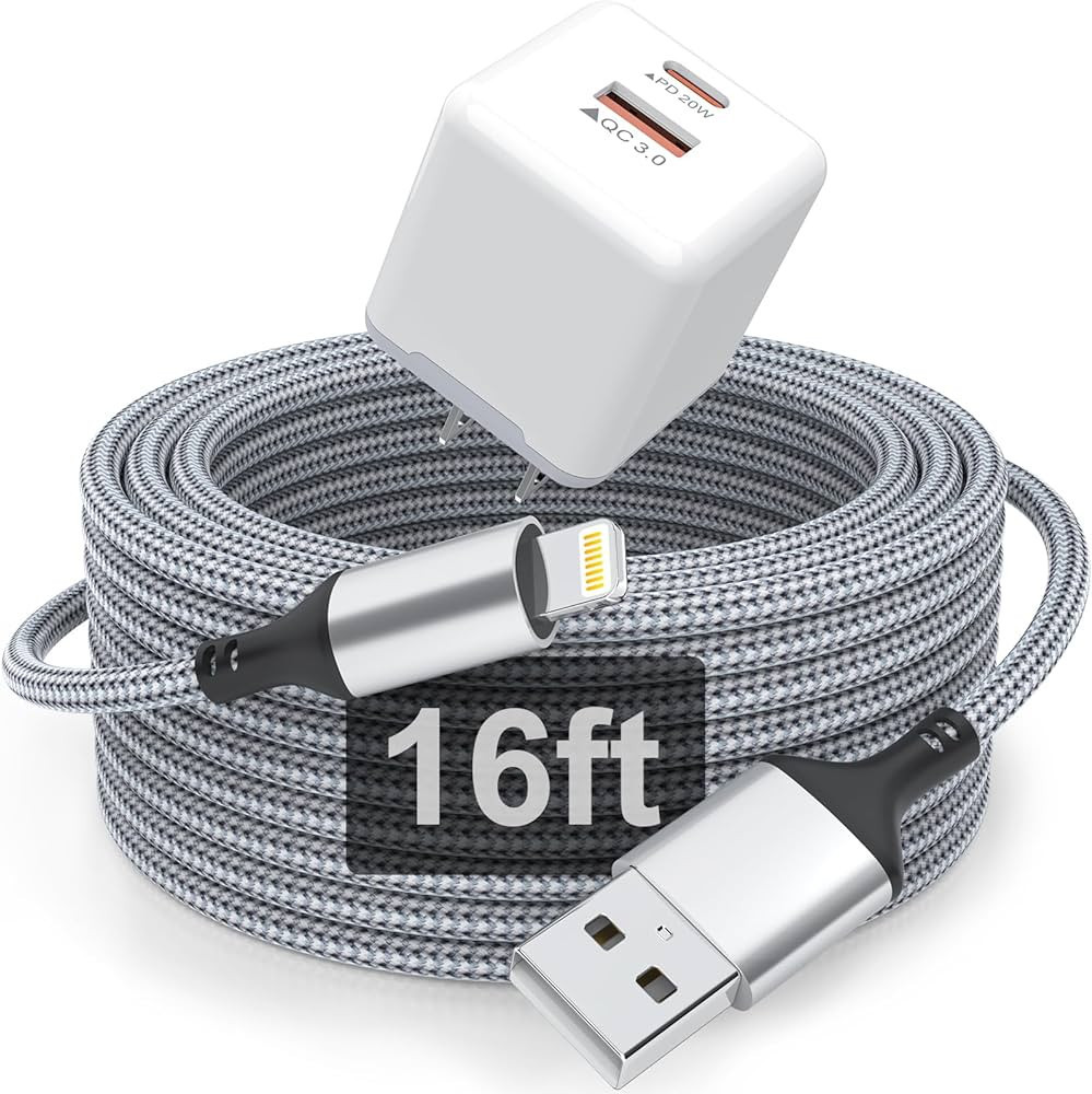 16 FT Extra Long iPhone Charger Cord, [Apple MFi Certified] with Dual Port 20W PD + QC 3.0 Wall C... | Amazon (US)