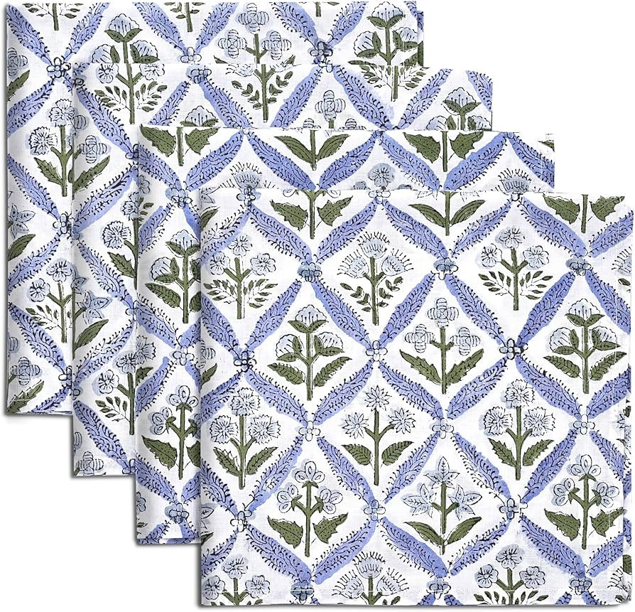 Ridhi Light Steel Blue Hand Block Print 100% Cotton Napkins 18" x 18" (Set of 4) Reuseable Kitche... | Amazon (US)