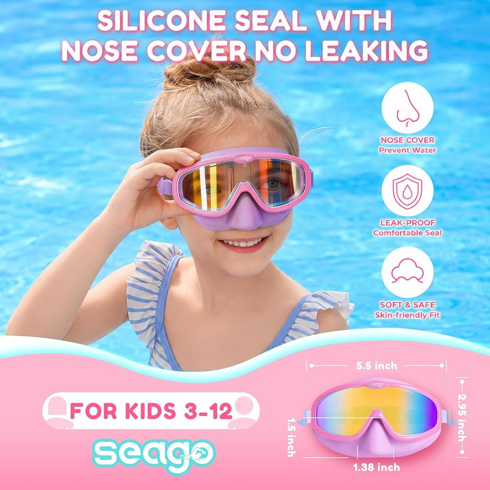 Seago Kids Swim Goggles 2 Pack for 3-12, Anti-Fog Clear View,Toddler Goggles with Nose Cover Swim... | Amazon (US)