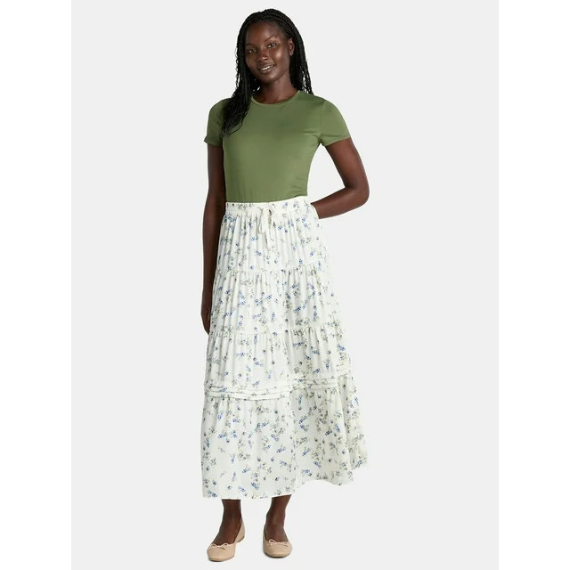 Time and Tru Women's Printed Tiered Midi Skirt, Sizes XS-XXXL | Walmart (US)