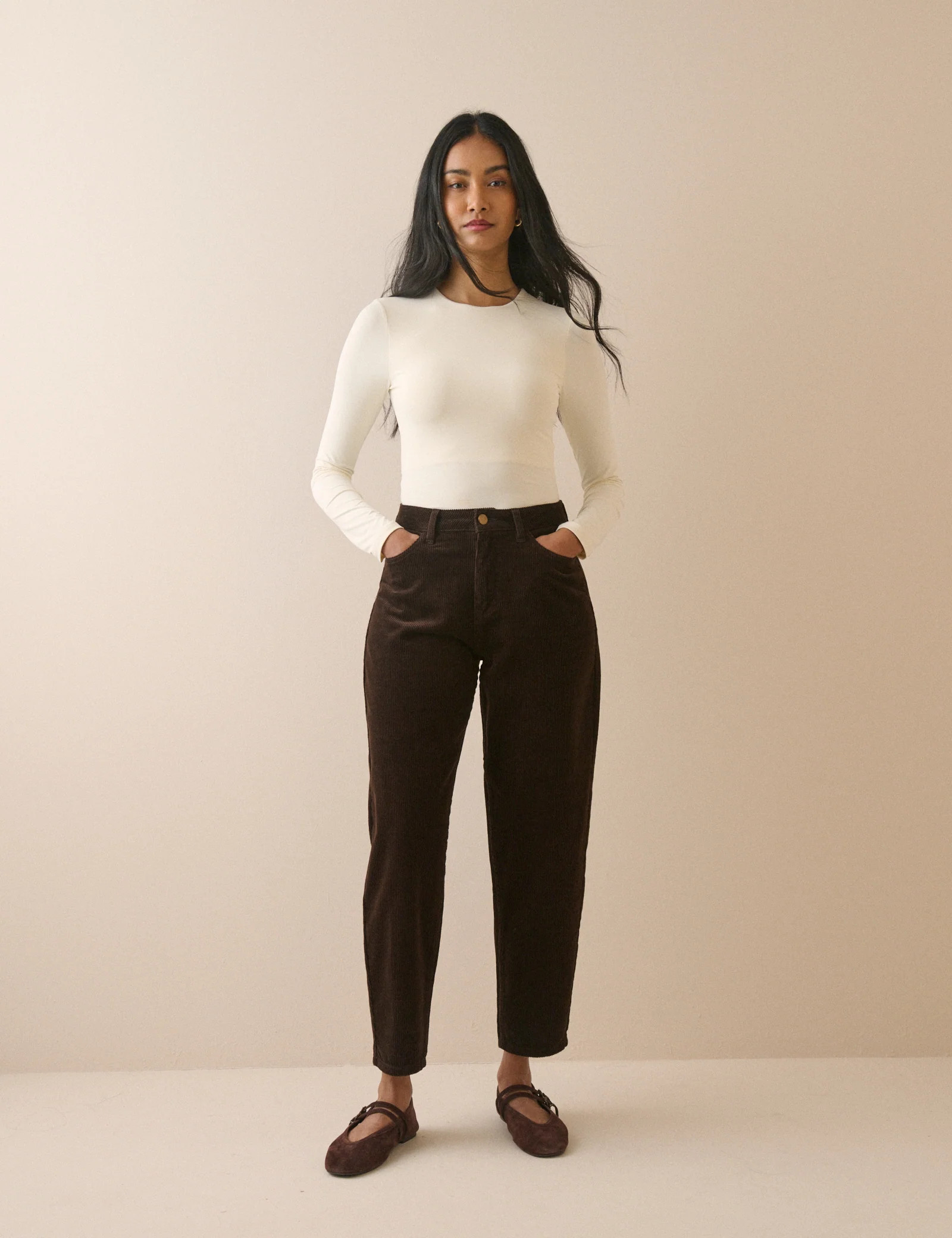 Chocolate Brown Cord High Rise Putney Barrel Leg Jeans | Nobody's Child