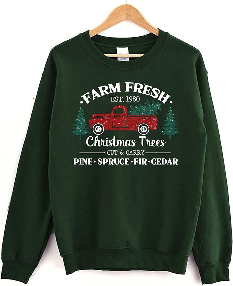 Farm Fresh Christmas Tree Red Truck Sweatshirt - Christmas Sweater for Women, Christmas Sweatshir... | Amazon (US)