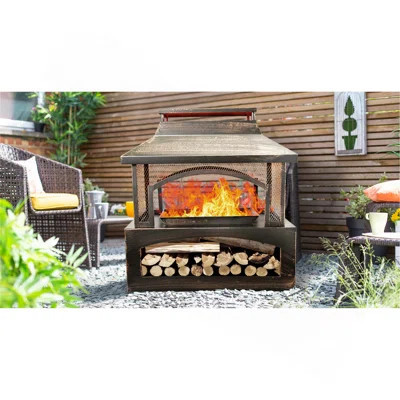 37-Inch Rectangular Metal Outdoor Wood Burning Fireplace - Outdoor Fireplace With Built-In Log Storage And Poker-Brushed Bronze,Log Burner Fire Pit Fo | Wayfair North America