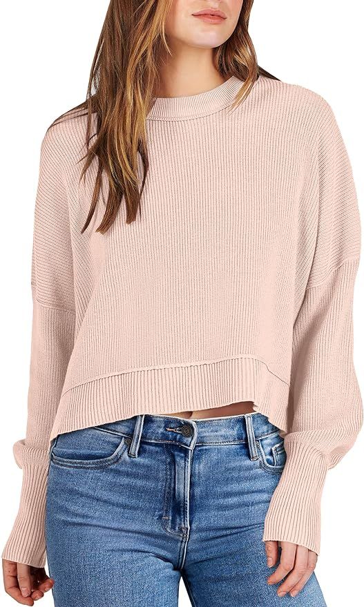 ANRABESS Women Crewneck Cropped Sweater Batwing Sleeve 2023 Fall Oversized Side Slit Ribbed Knit ... | Amazon (US)