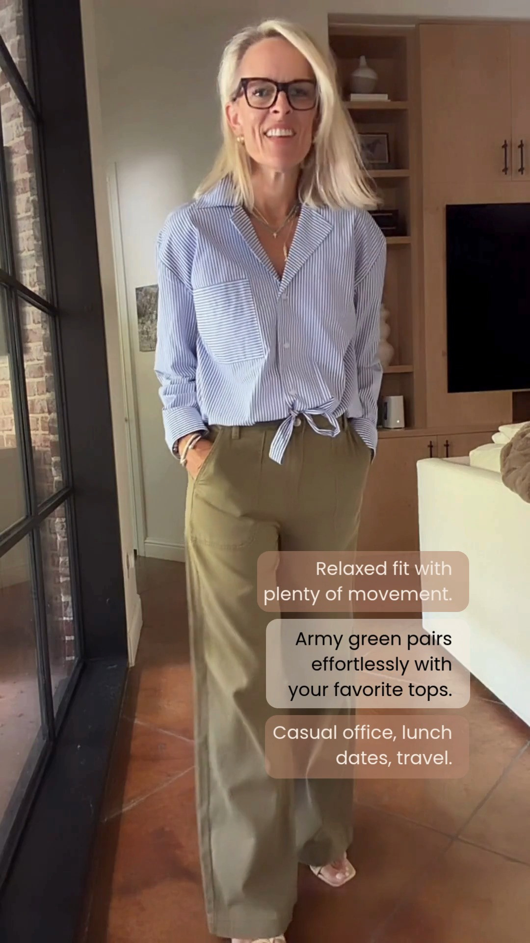 Looking for comfortable pants that still look polished? These $25 olive utility pants have been a bestseller for good reason. I paired them with a crisp blue striped cotton poplin shirt for an easy outfit that works from errands to dinner.

💡 LTK MADE EASY
❤️ Heart = Support my posts!
🔖 Save = Get sale & restock alerts
📋 Lists = Keep favorites organized
📲 Share = Send lists and products to a friend. Hello, Christmas List!
💬 Comment = Ask me anything about what I'm wearing. :-)  

 #LTKootd #LTKOver40