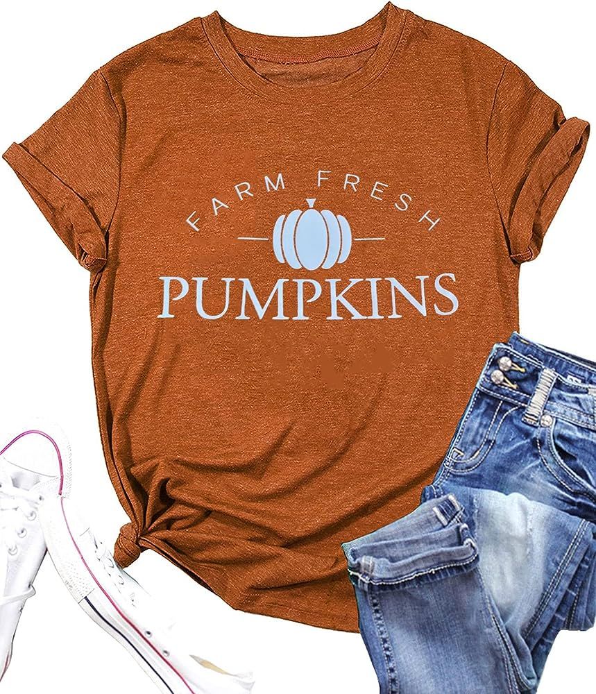 Farm Fresh Pumpkin T Shirt Women Cute Pumpkins Fall Shirt Short Sleeve Graphic Tees Tops | Amazon (US)