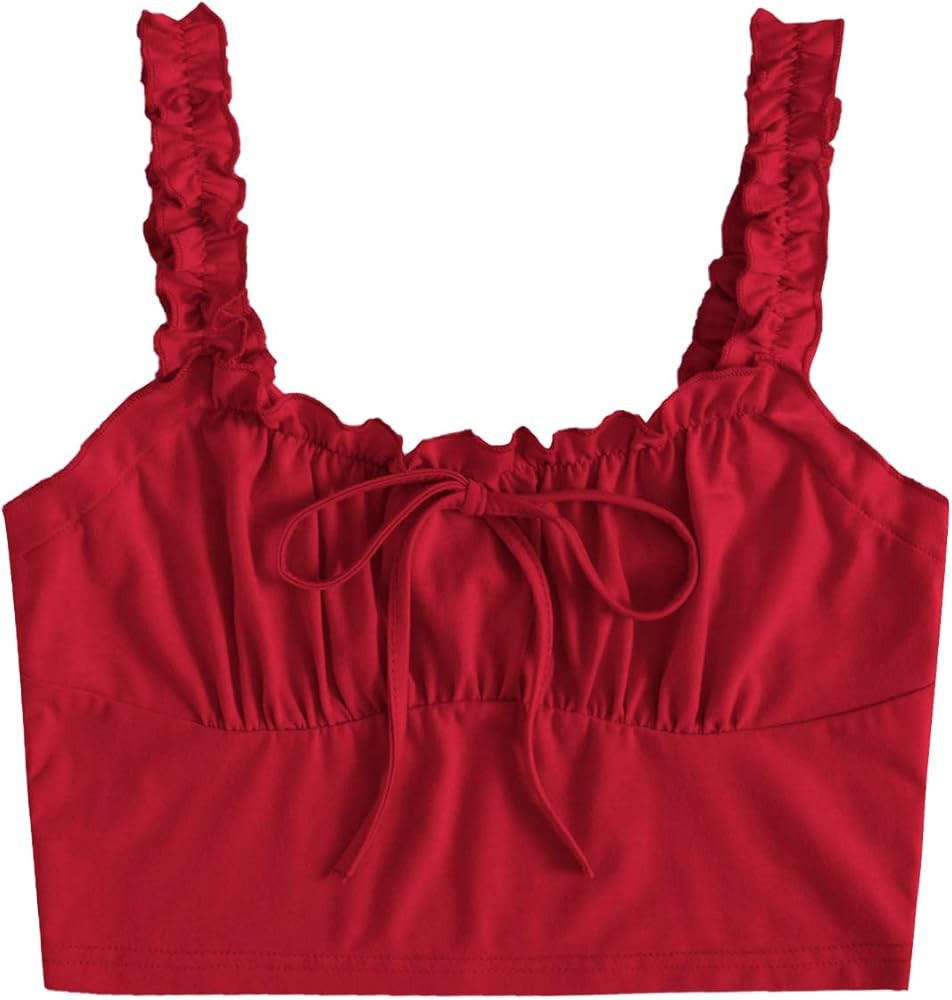 Verdusa Women's Frill Trim Strap Tie Knot Ruched Front Bustier Crop Top | Amazon (US)