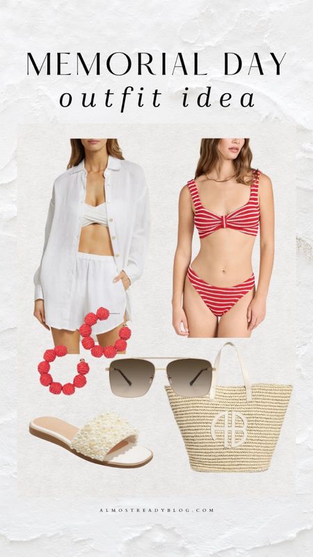 Memorial Day outfit idea, 4th of July outfit idea, red bikini set, cover up shirt 

#LTKFindsUnder100