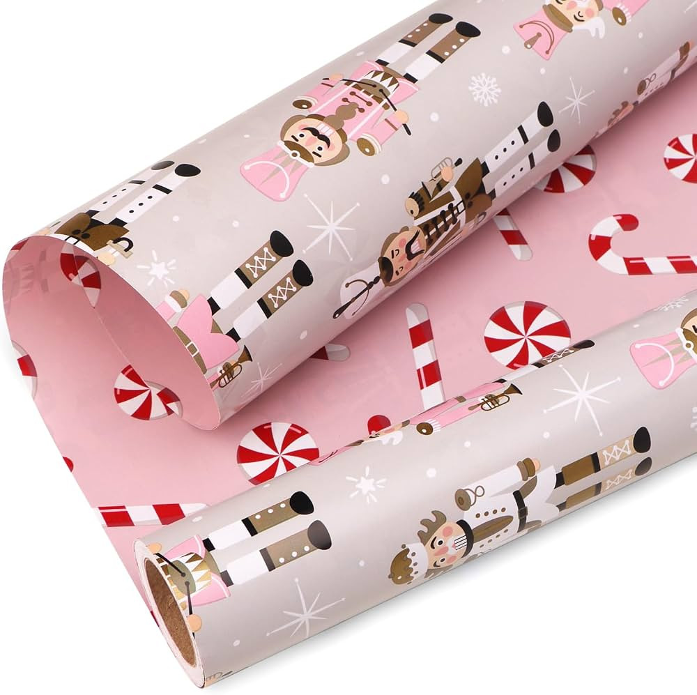 Ribbli Reversible Christmas Wrapping Paper Rolls, Nutcracker and Candy Cane Pink Gift Wrapping Pa... | Amazon (US)