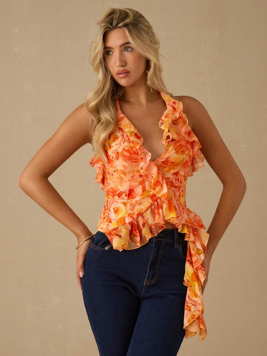 Enchnt Spring/Summer Romantic Women's Sunshine Orange ROSE Print V-Neck Halter Neck Ruffled Backl... | SHEIN