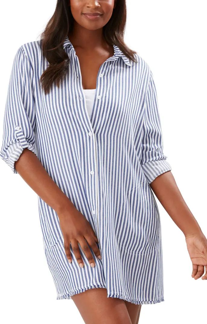 Tommy Bahama Chambray Stripe Long Sleeve Cover-Up Boyfriend Shirt | Nordstrom | Nordstrom