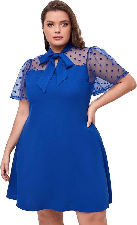 Romwe Women's Plus Size Contrast Mesh Short Sleeve Bow Tie Neck A-Line Party Dress | Amazon (US)