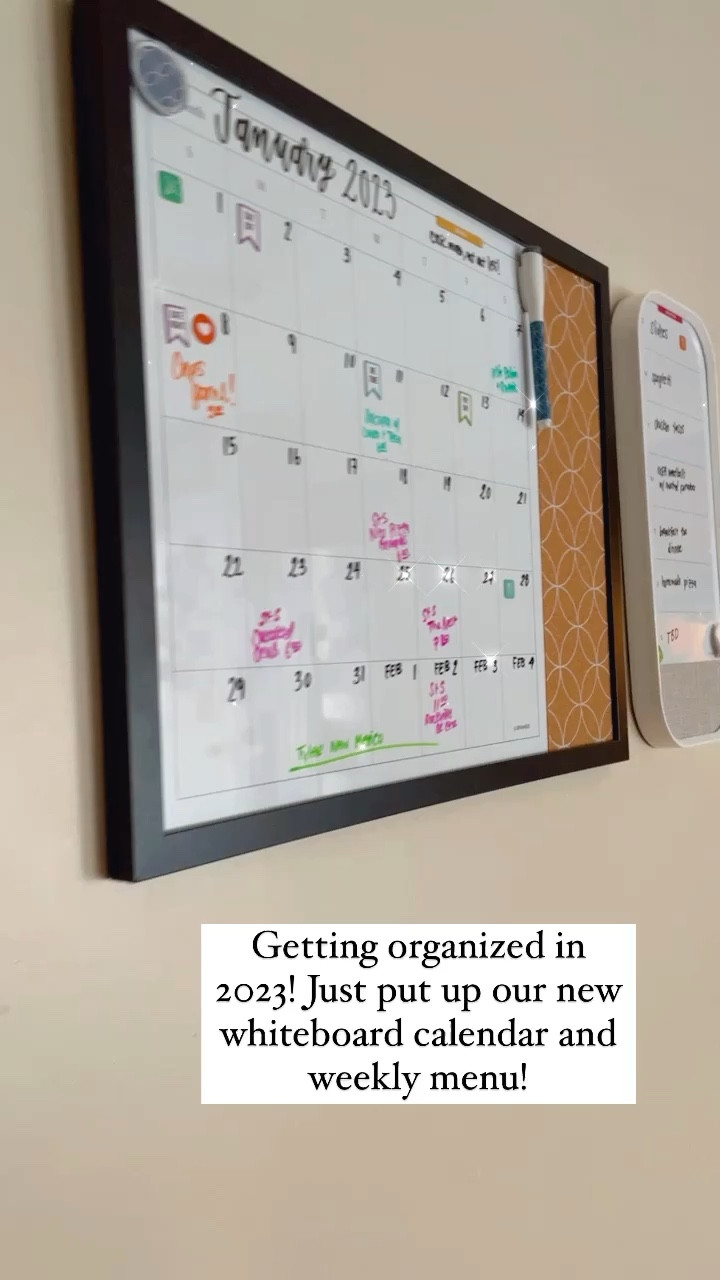 Getting organized in the new year! Got a dry erase calendar and a smaller board for our weekly dinner menu, along with a set of colorful markers and magnets to categorize things! Total cost was about $30! 

#LTKfamily #LTKunder50 #LTKhome