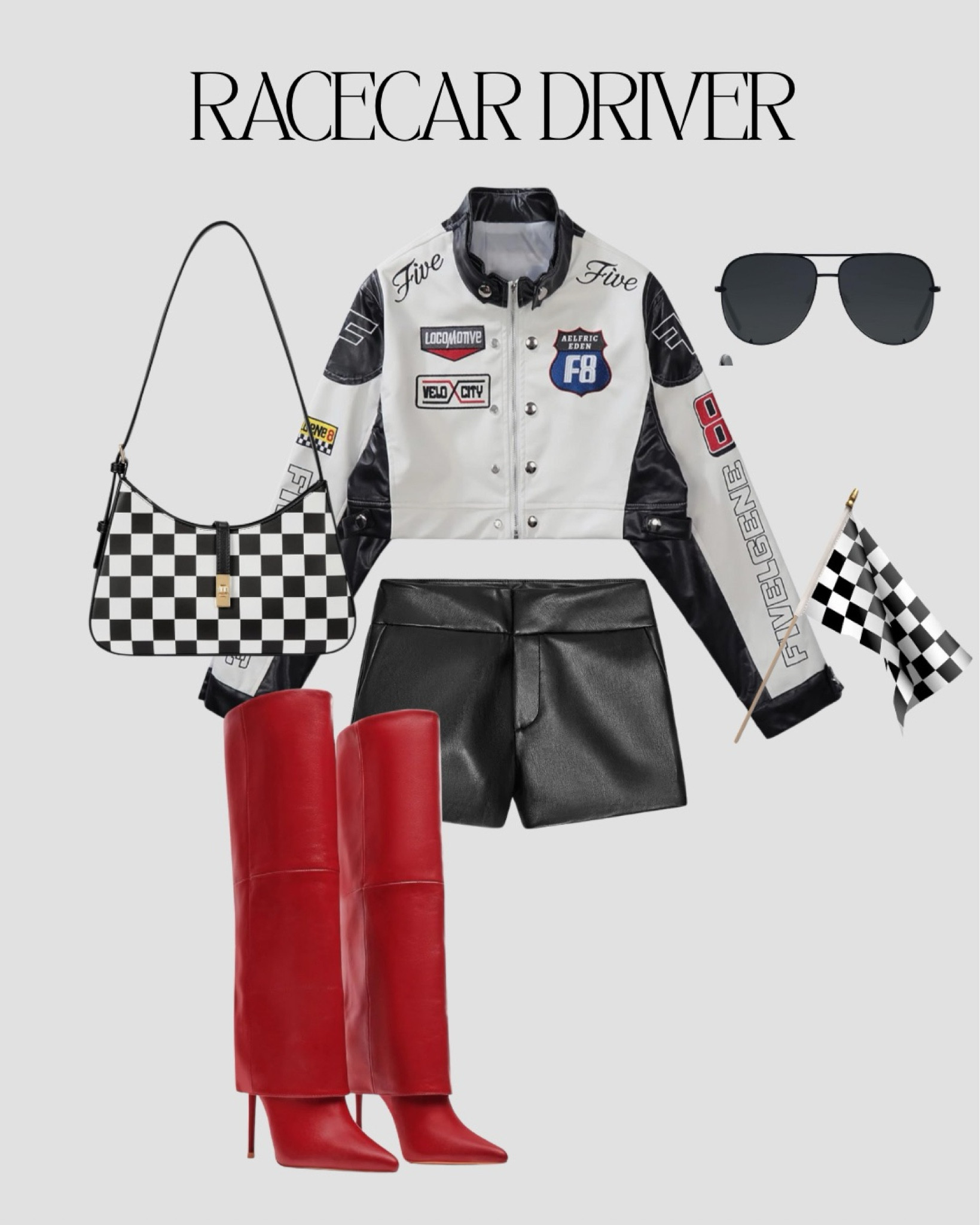 Halloween costume: race car driver 
Tall red boots / checkered purse / checkered flag / sunglasses 

#LTKParties #LTKHalloween #LTKShoeCrush