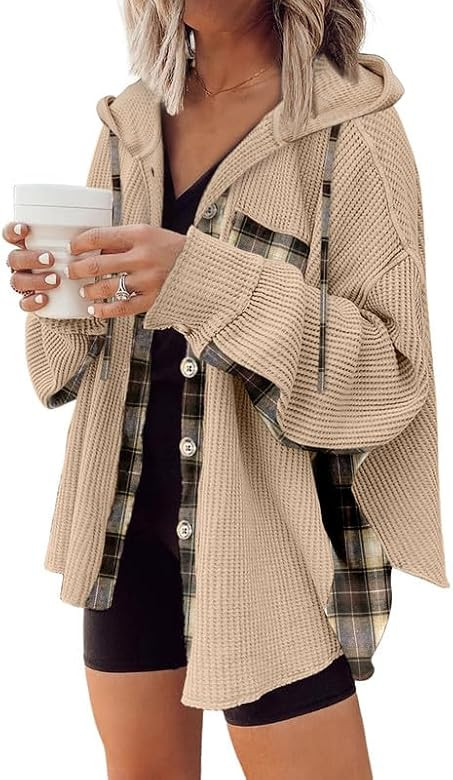 SHEWIN Womens Waffle Knit Plaid Shacket Boyfriend Button Down Shirt Hooded Jacket Loose Long Slee... | Amazon (US)