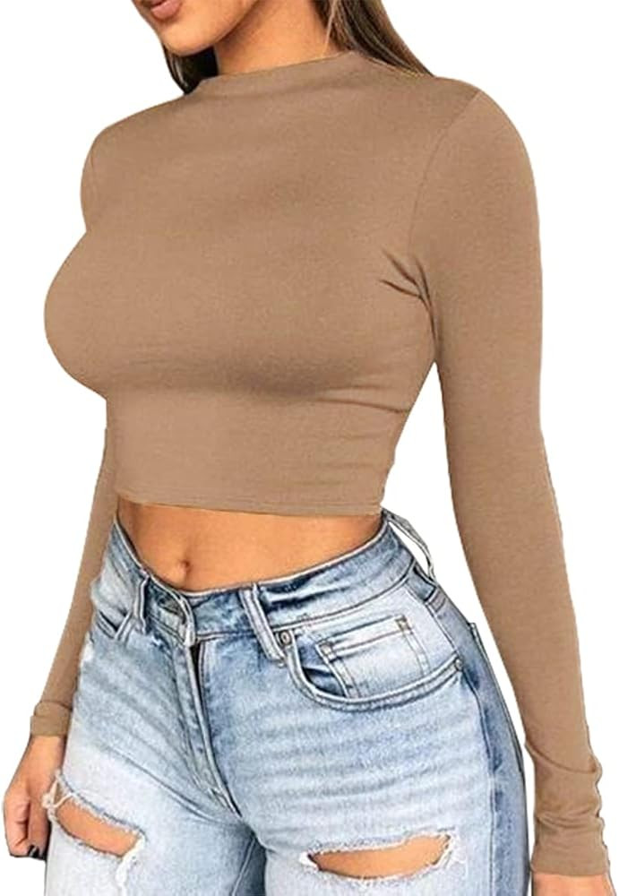 Artfish Women Long Sleeve Turtleneck Crop Top Mock Neck Tight Fitted Shirts | Amazon (US)