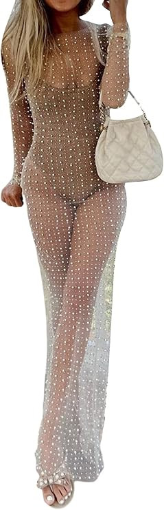 Springcmy Sexy Women Sheer Mesh See Through Pearl Rhinestone Beach Maternity Dress Swimwear Bikin... | Amazon (US)