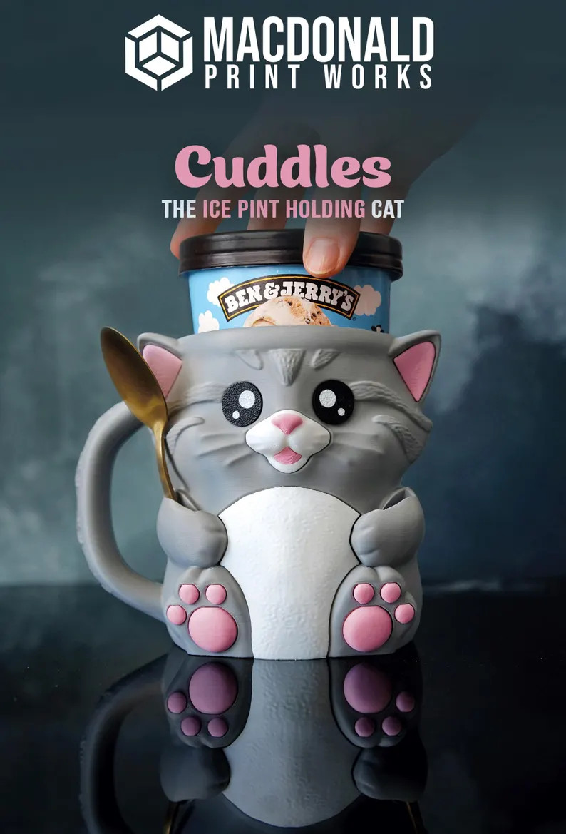 Cuddles the Ice Cream Pint Holder - 3D Printed Kitty Cup With Spoon Slots & Snack Drawer | 16oz G... | Etsy (US)