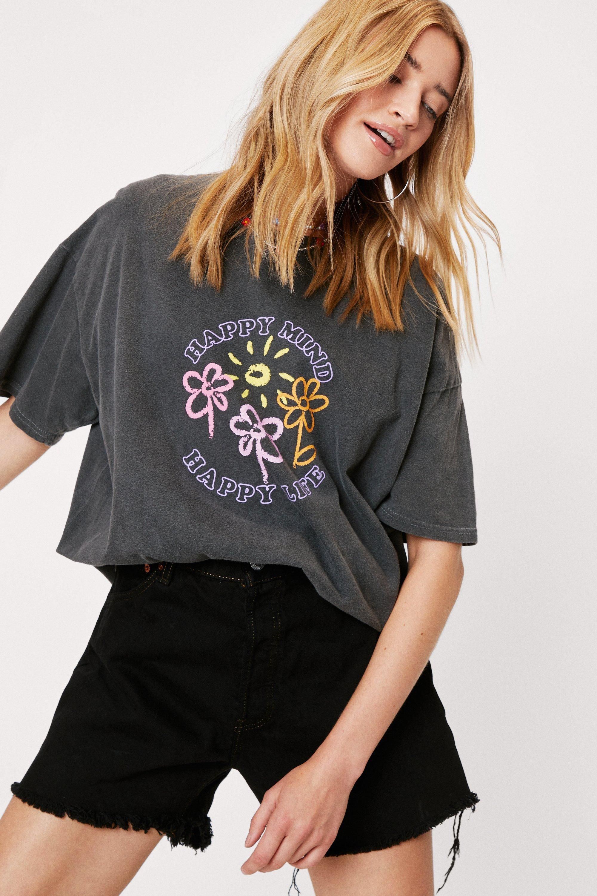 Happy Mind Happy Life Oversized Graphic T-Shirt | Nasty Gal (US)