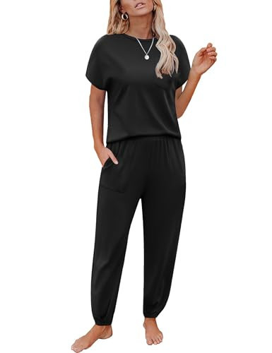 Marvmys Womens Summer Short Sleeve 2 Piece Set Lounge Outfits Jogger Track Suit with Pockets Black XL | Amazon (US)