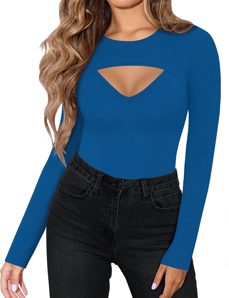 Womens Long Sleeve Tops Cut Out Front Ribbed Fitted Sexy Casual Dressy Fall Tee T-Shirts Tshirt | Amazon (US)